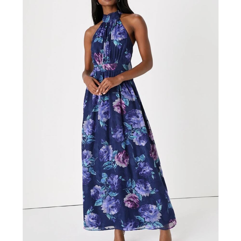 LULUS Splendid Perfection Floral Jacquard Maxi Dress Blue Purple Small S